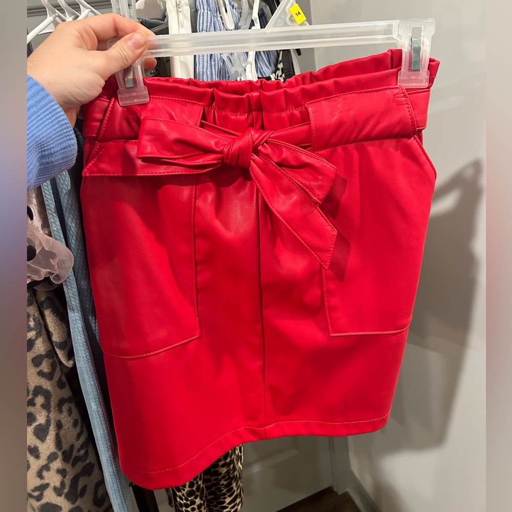 Red faux leather mini skirt